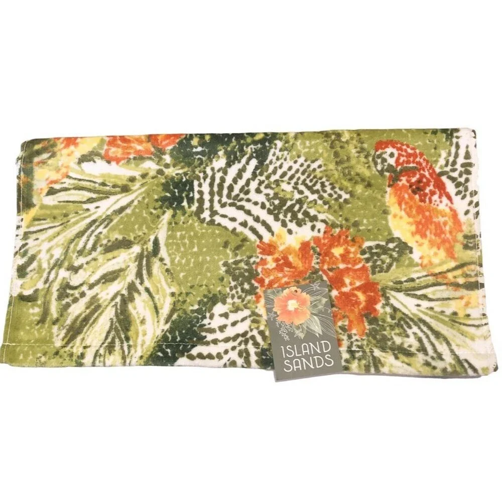 Tropical Island Sands Parrot Palm Plush Hand Towels Beach Summer House Set of 2